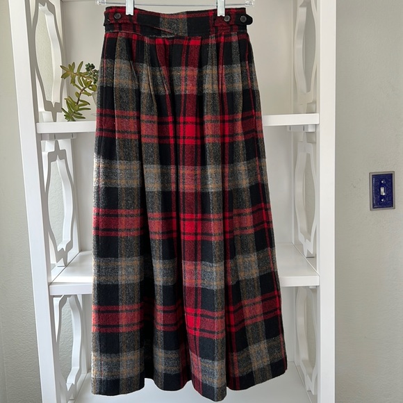 Vintage Ralph Lauren 100% Wool Plaid Pleated Lined Midi Skirt Black Red Size 4 - Picture 1 of 8